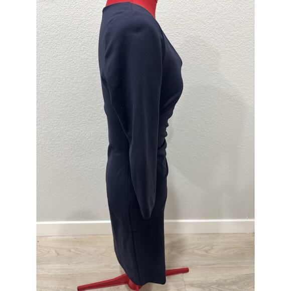 Elegant Navy Blue Sheath Dress Ruched V-Neck 3/4 Sleeve Cocktail Party - Picture 3 of 9